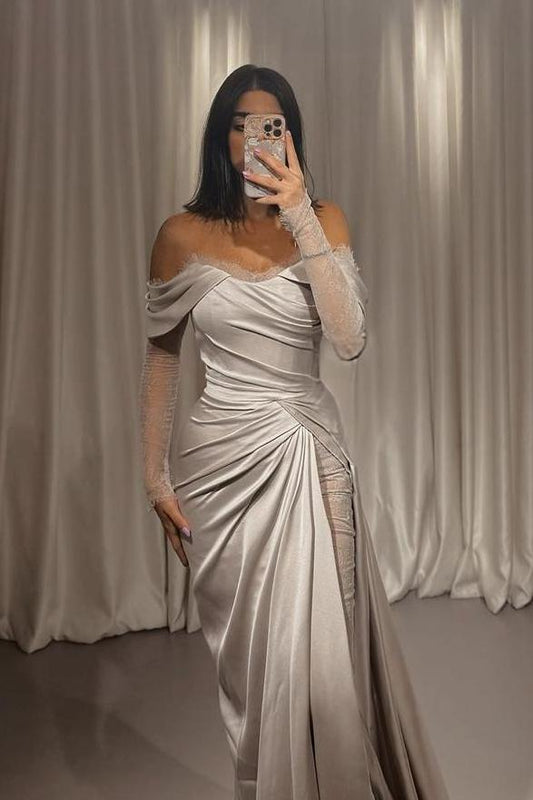 Stunning Silver Satin Strapless Off the Shoulder Long Sleeves Prom Dress with Pleated