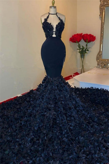 Halter V-Neck Mermaid Prom Dark Navy Dress With Applique
