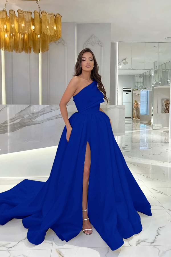 Black Satin Sleeveless One Shoulder Strap Long Prom Dress With Slit