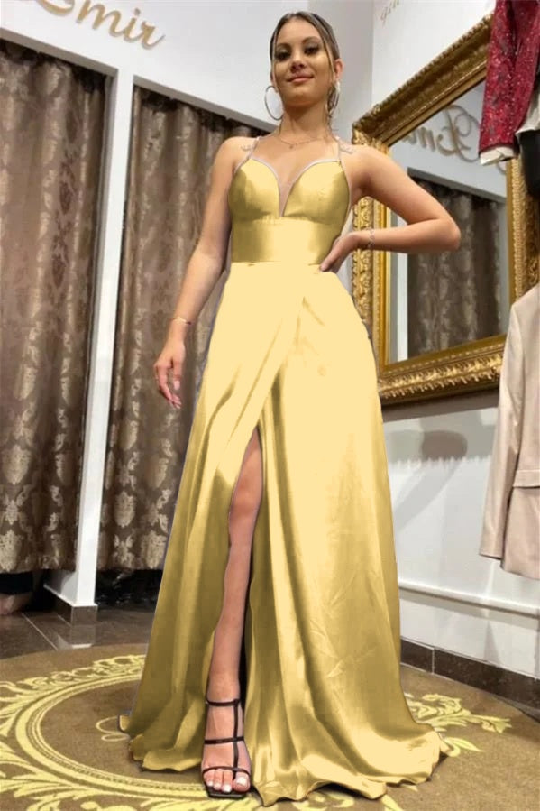 Long Royal Blue Slit Prom Dress Spaghetti-Straps