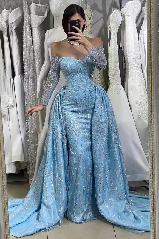 Blue Long Sleeves Beads Off-The-Shoulder Sweetheart Evening Dress With Long Ruffles Sequins