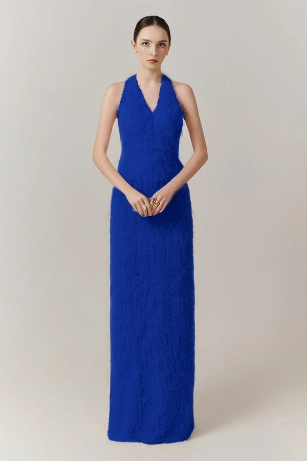 Sleeveless Halter Straps V-Neck Feathered Mermaid Evening Dress with Pearl Details
