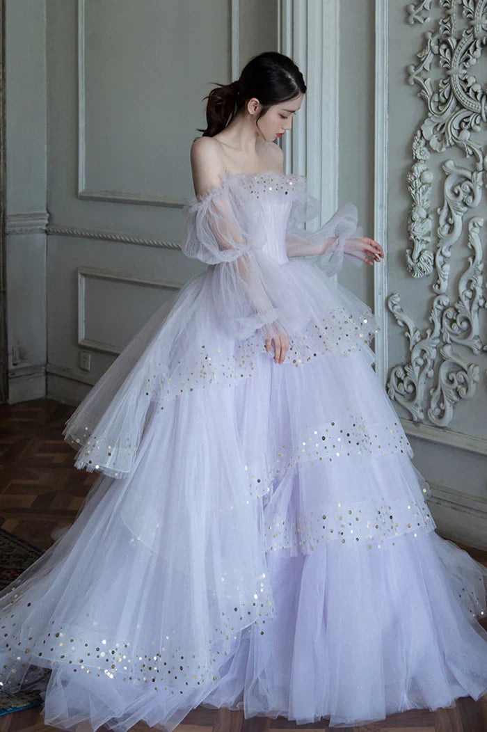 Gentle A Line Long Sleeve Sequin Tiered Purple Tulle Long Party Dress Evening Dress SH2799