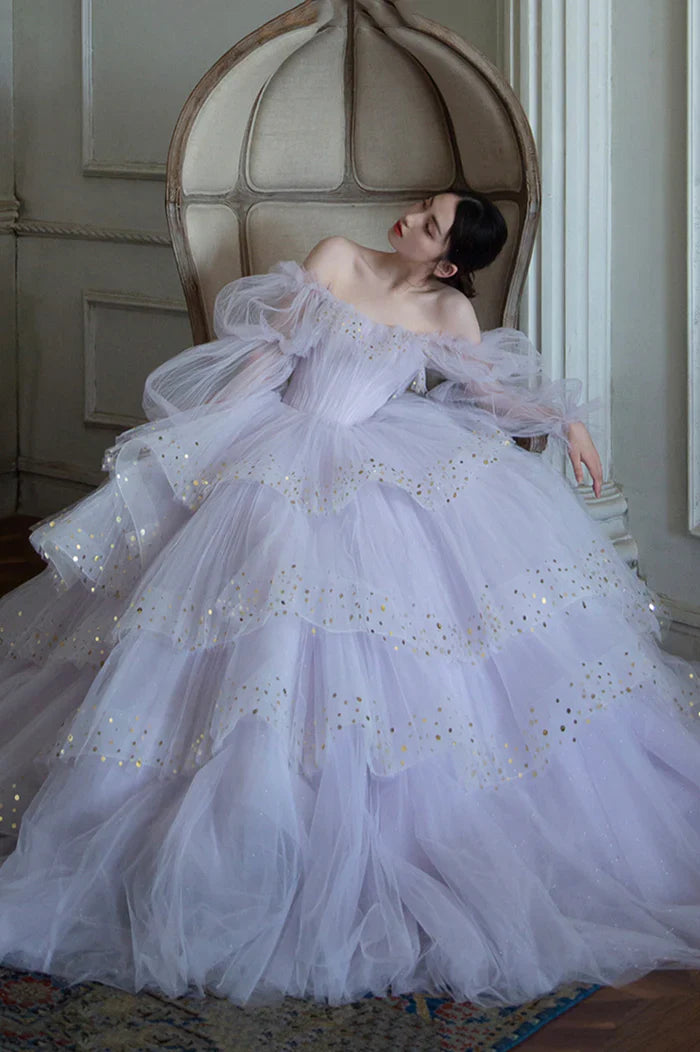 Gentle A Line Long Sleeve Sequin Tiered Purple Tulle Long Party Dress Evening Dress SH2799