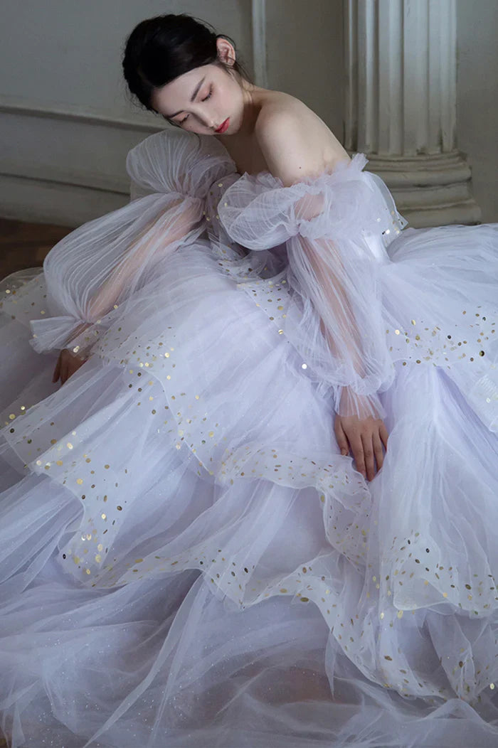Gentle A Line Long Sleeve Sequin Tiered Purple Tulle Long Party Dress Evening Dress SH2799