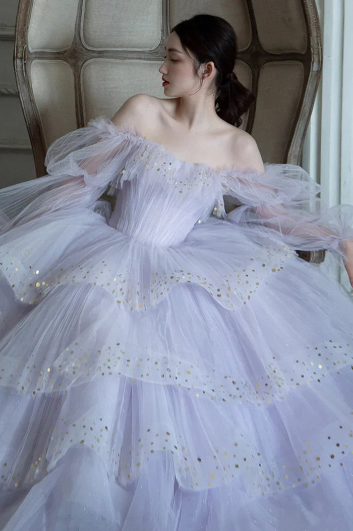 Gentle A Line Long Sleeve Sequin Tiered Purple Tulle Long Party Dress Evening Dress SH2799