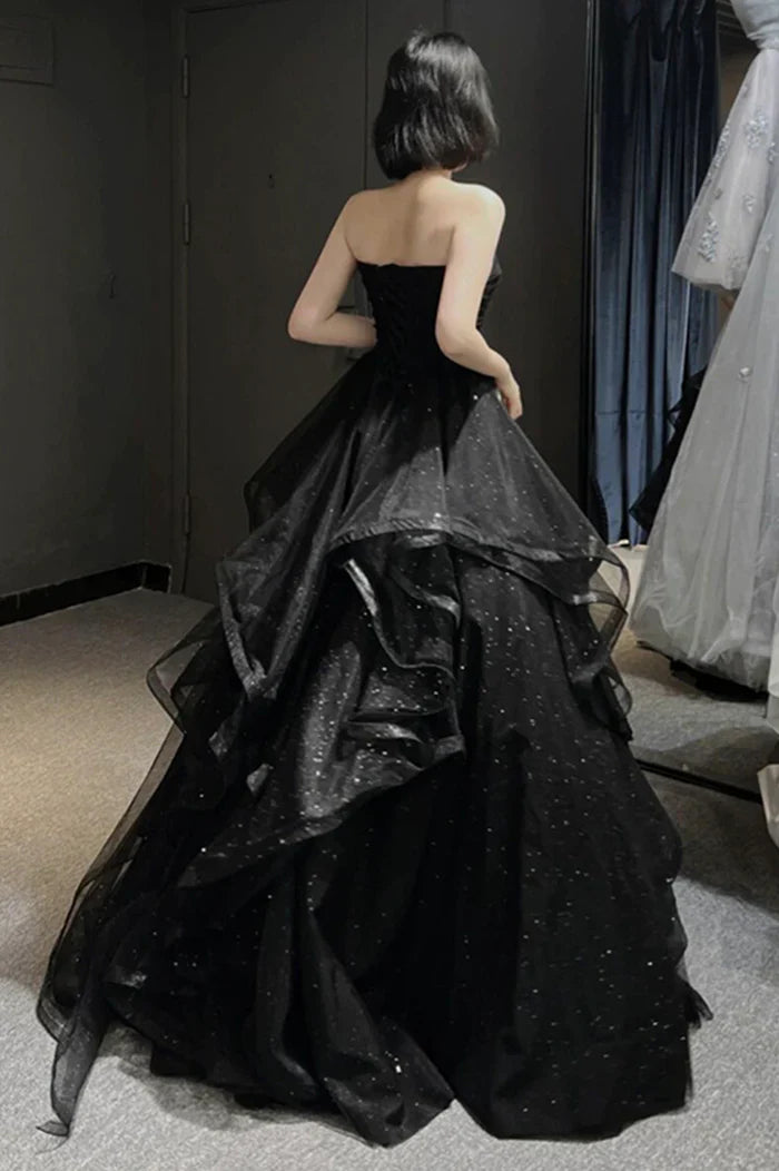 Charming A Line Sweetheart Neck Ruffle Sequin Black Tulle Long Party Dress Evening Dress SH2800