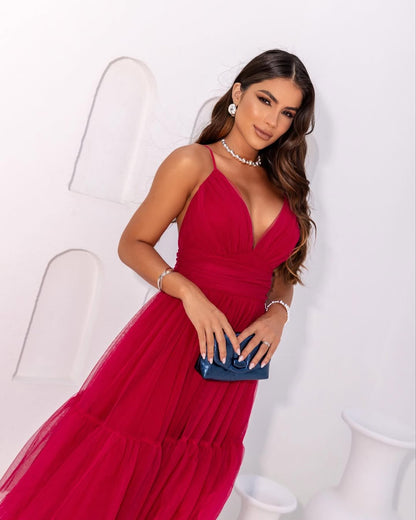 Red Sleeveless Spaghetti Straps Deep V-Neck A-Line Prom Dress