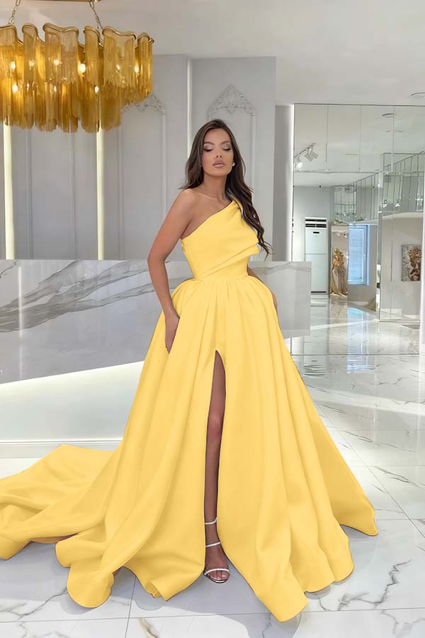 Black Satin Sleeveless One Shoulder Strap Long Prom Dress With Slit