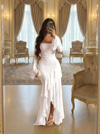 Elegant Cream Square Long Sleeves Ruffles Lace Evening Dress