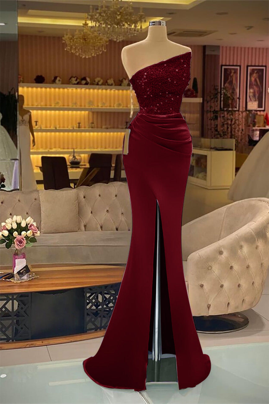 Light Purple Sleeveless Strapless Mermaid Prom Dress Long Slit with Sequins