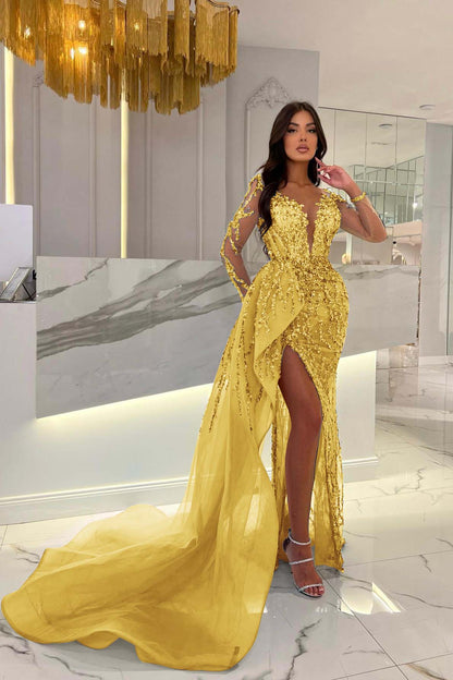 Shiny Blue Slit Mermaid Beaded Prom Dress Appliques Tulle With Long Sleeves