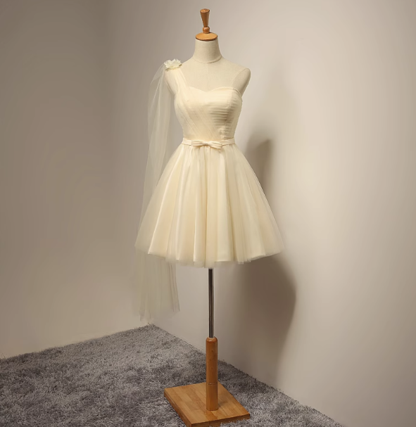A-line sweetheart neck tulle short prom dress, champagne bridesmaid dress HZ1024