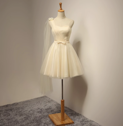 A-line sweetheart neck tulle short prom dress, champagne bridesmaid dress HZ1024