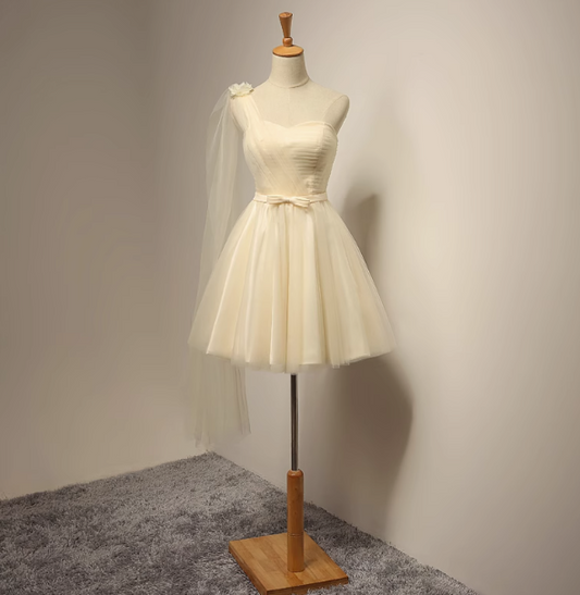 A-line sweetheart neck tulle short prom dress, champagne bridesmaid dress HZ1024
