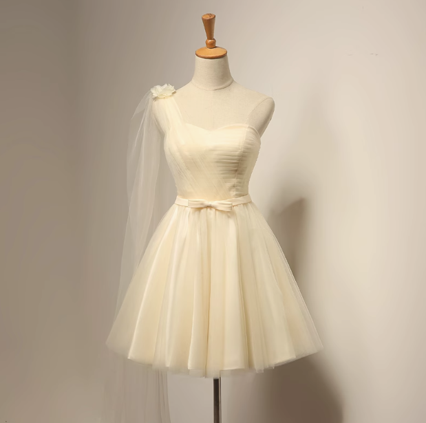 A-line sweetheart neck tulle short prom dress, champagne bridesmaid dress HZ1024