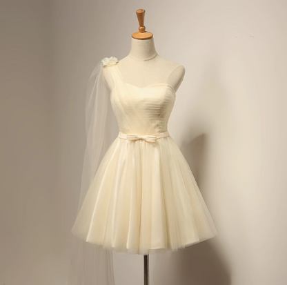A-line sweetheart neck tulle short prom dress, champagne bridesmaid dress HZ1024