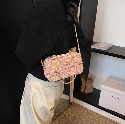 Gentle pink small square bag knitted chain bag ED01434