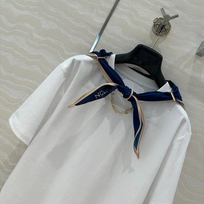 LV High-Sense Silk Scarf T-shirt Black White Cotton