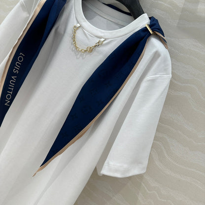 LV High-Sense Silk Scarf T-shirt Black White Cotton