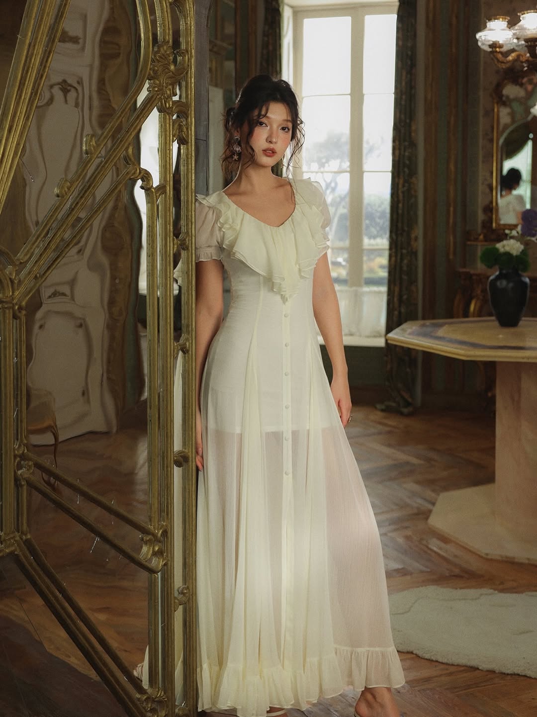 Cream Vintage Ruffle Sheer Chiffon Maxi Prom Dress With Slit