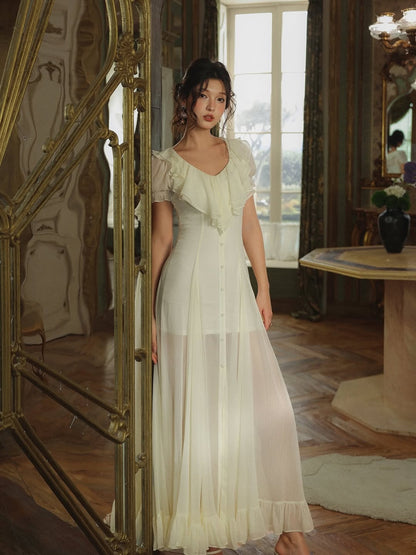 Cream Vintage Ruffle Sheer Chiffon Maxi Prom Dress With Slit