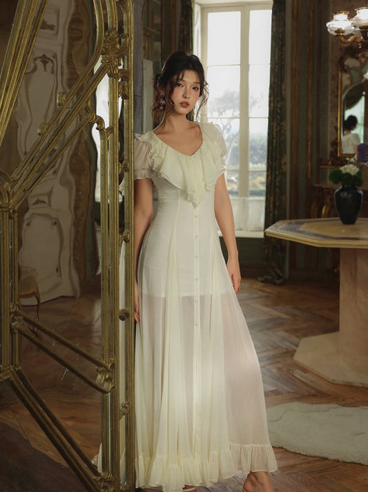 Cream Vintage Ruffle Sheer Chiffon Maxi Prom Dress With Slit
