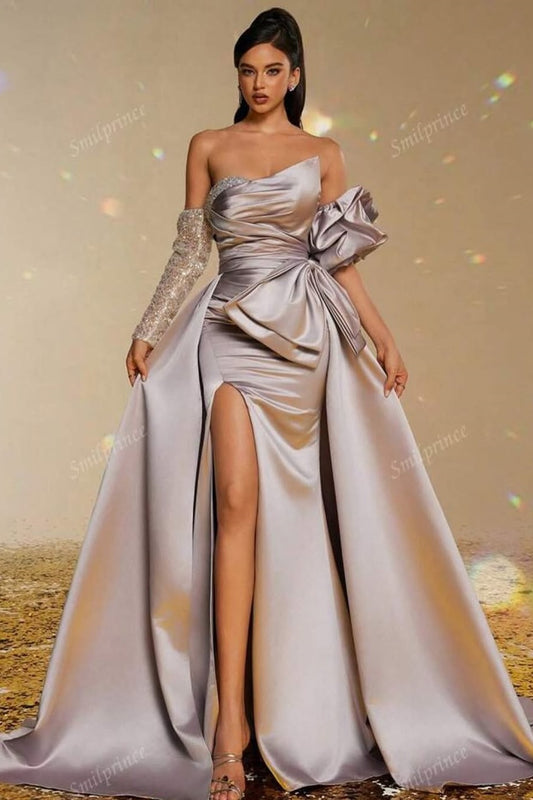 Sleeveless Strapless Split Prom Dress With Bow