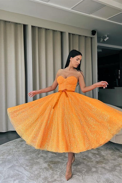 Short Orange Sweetheart Evening Dress Sequins With Belt