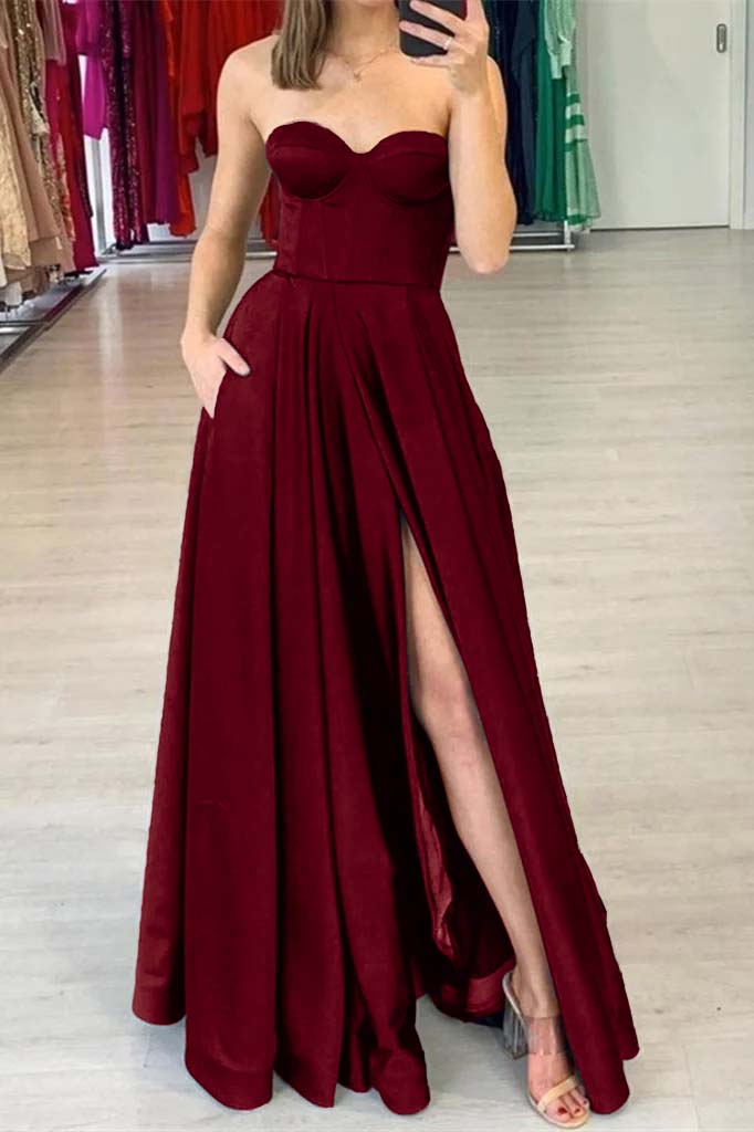 Sweetheart Prom Dress Black Slit With Pockets