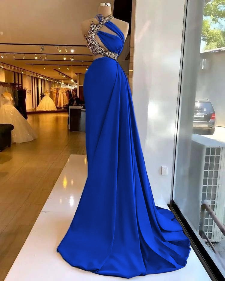 Satin Stunning Beading Sleeveless Long Prom Dress with Ruffle