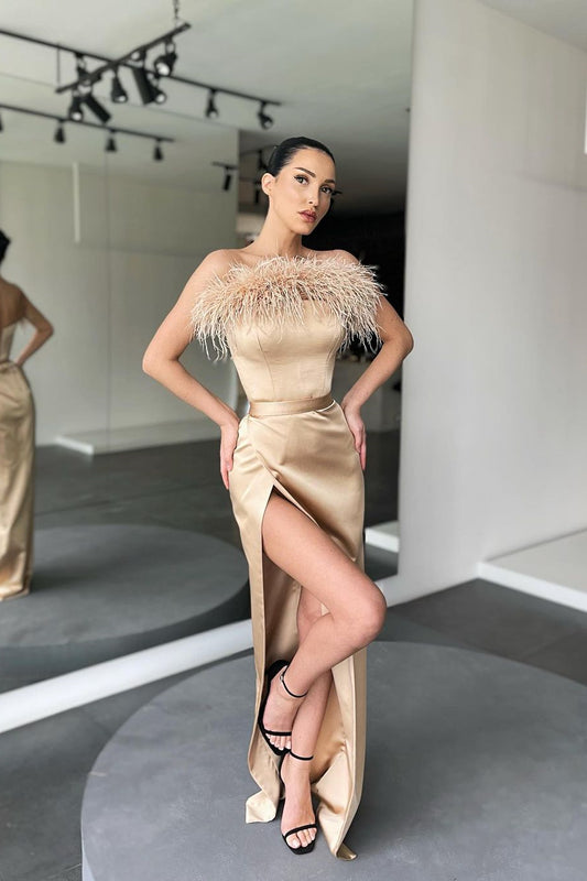 Mermaid Strapless Feather Prom Dress With Slit
