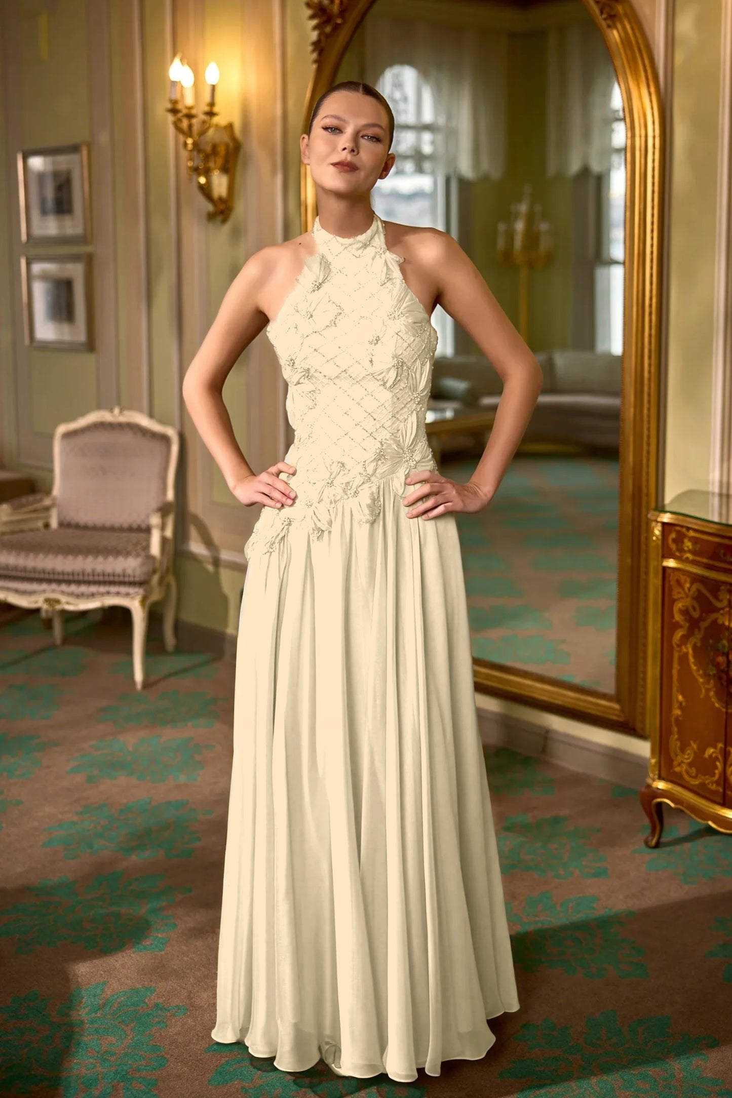 Halter Evening Dress Floor Length Sheath with Beading and Flower