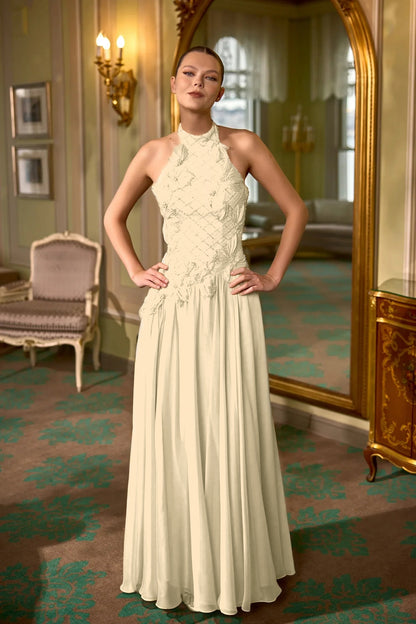 Halter Evening Dress Floor Length Sheath with Beading and Flower
