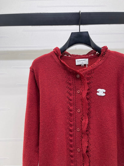 CC 26 Lace-Trimmed Knit Cardigan Red Wool 340992