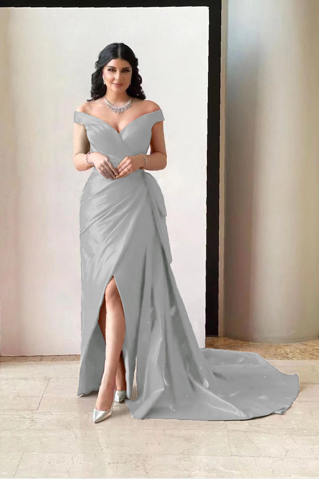Amazing Fuchsia Off-The-Shoulder V-Neck Split Prom Dress With Pleated