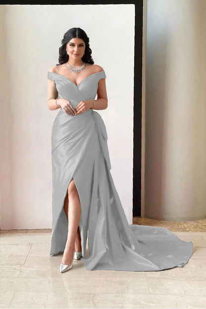 Amazing Fuchsia Off-The-Shoulder V-Neck Split Prom Dress With Pleated