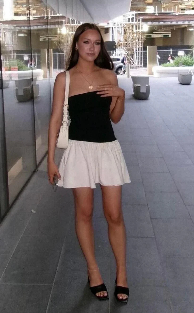 Cute A Line Strapless Black White Satin Short Homecoming Dress Outfits SH1782