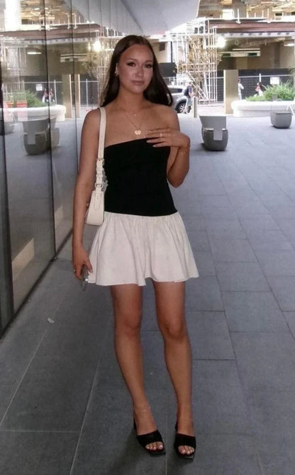 Cute A Line Strapless Black White Satin Short Homecoming Dress Outfits SH1782