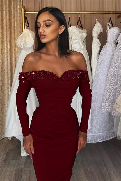 Chic Orange Off-The-Shoulder Long Sleeves Strapless Mermaid Prom Dress With Sequins