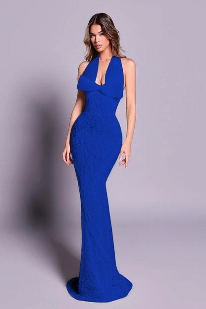 Chic Sleeveless Halter Straps Long Mermaid Evening Dress With Embroidery
