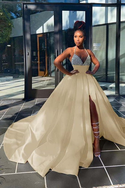 Glamorous Yellow Sequins V-Neck A-Line Prom Dress  Sleeveless With Split