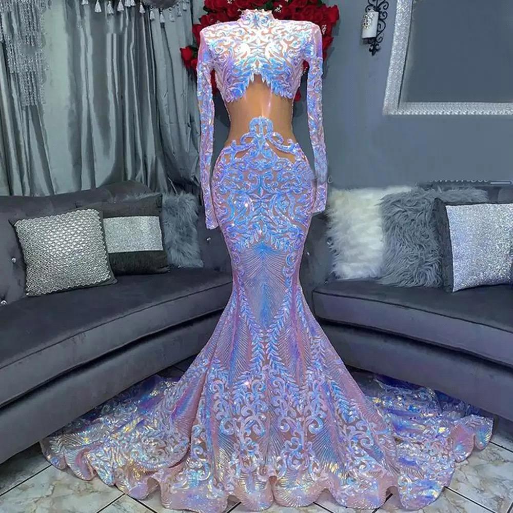 Long Sleeves High Neck Mermaid Prom Dress With Sequins Lace