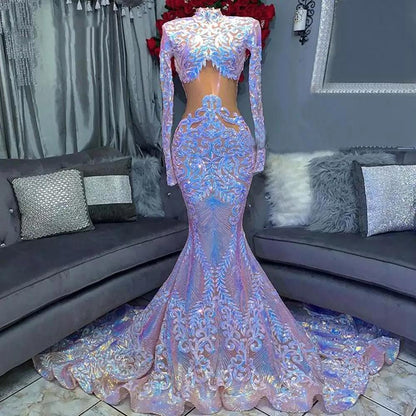 Long Sleeves High Neck Mermaid Prom Dress With Sequins Lace