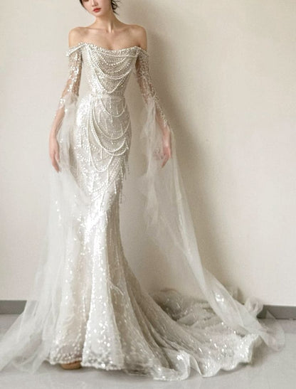 Stunning White Pearl Mermaid Long Sleeve Sequin Tulle Evening Dress Party Dress Wedding Dress SH3475