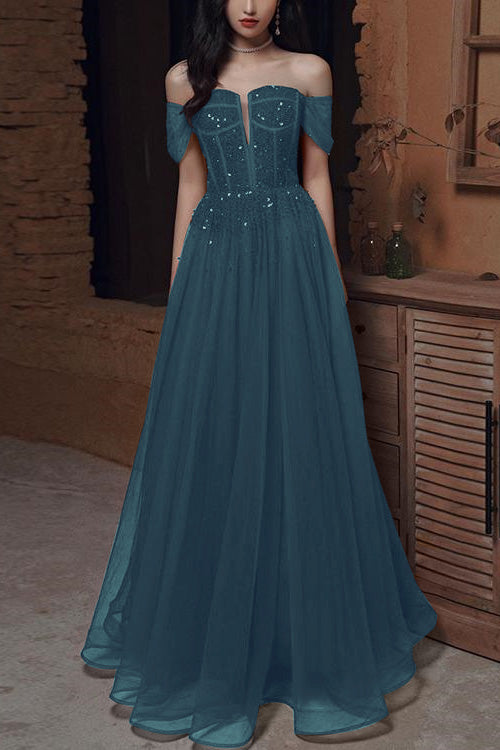 Wine Red Off-The-Shoulder Evening Dress With Sequins Beads