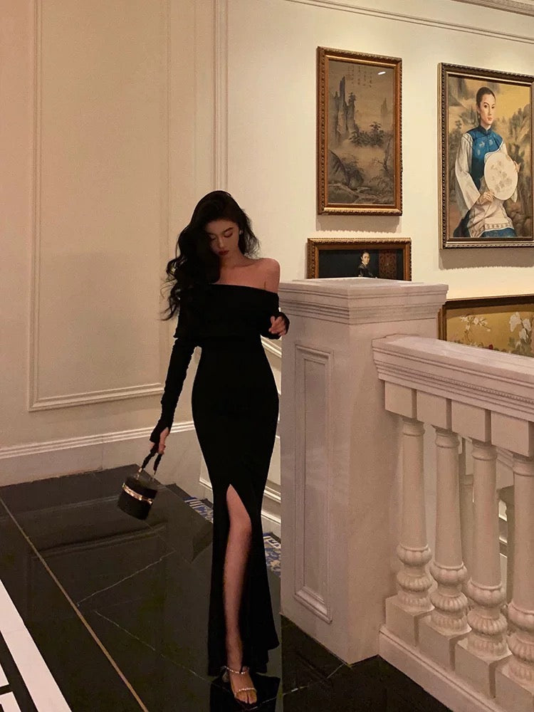 Sexy Sheath Off The Shoulder Black Slit Long Sleeves Prom Dresses Birthday Outfits SD405