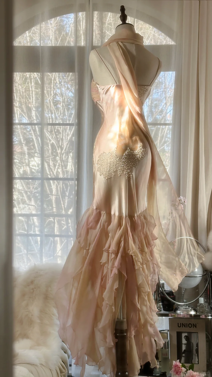 Fairy Mermaid Spaghetti Strap Beaded Ruffle Chiffon Long Prom Dress Evening Dress SH2981