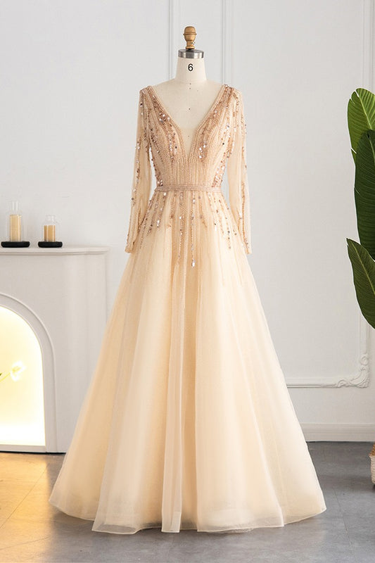 V Neck Long Sleeves A Line Evening Dress Tulle With Sequins
