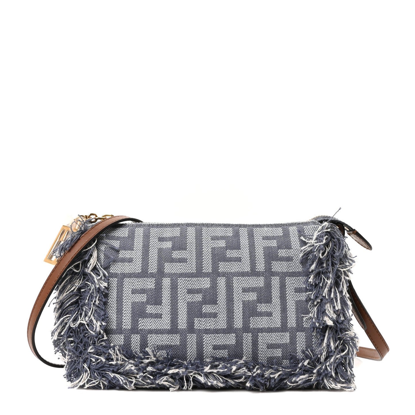 Denim Vitello Fringe FF Embroidered Baguette Pouch Myrtle Dark Nut